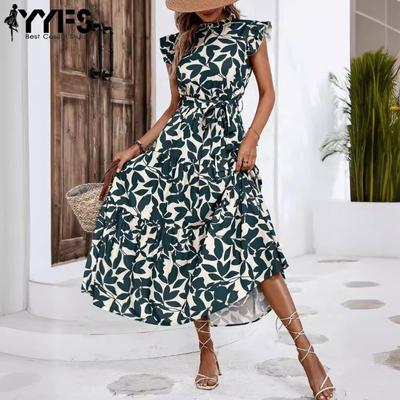 Damenmode Sommer Frühling Blumenmuster Druck Ärmellos Stehkragen Hohe Taille Freizeitkleider
