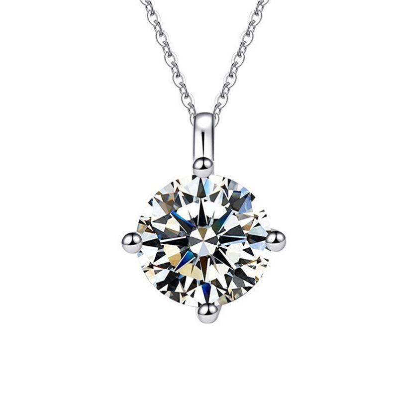 Silver Plated Round Brilliant Cut CZ Solitaire Pendant Necklace, Minimalist 4-Prong Cable Chain Necklace for Women