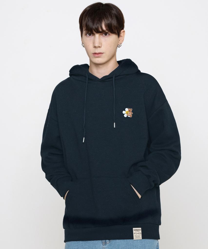 [Unisex] Flower Bear Embroidered Smile Hoodie_Navy