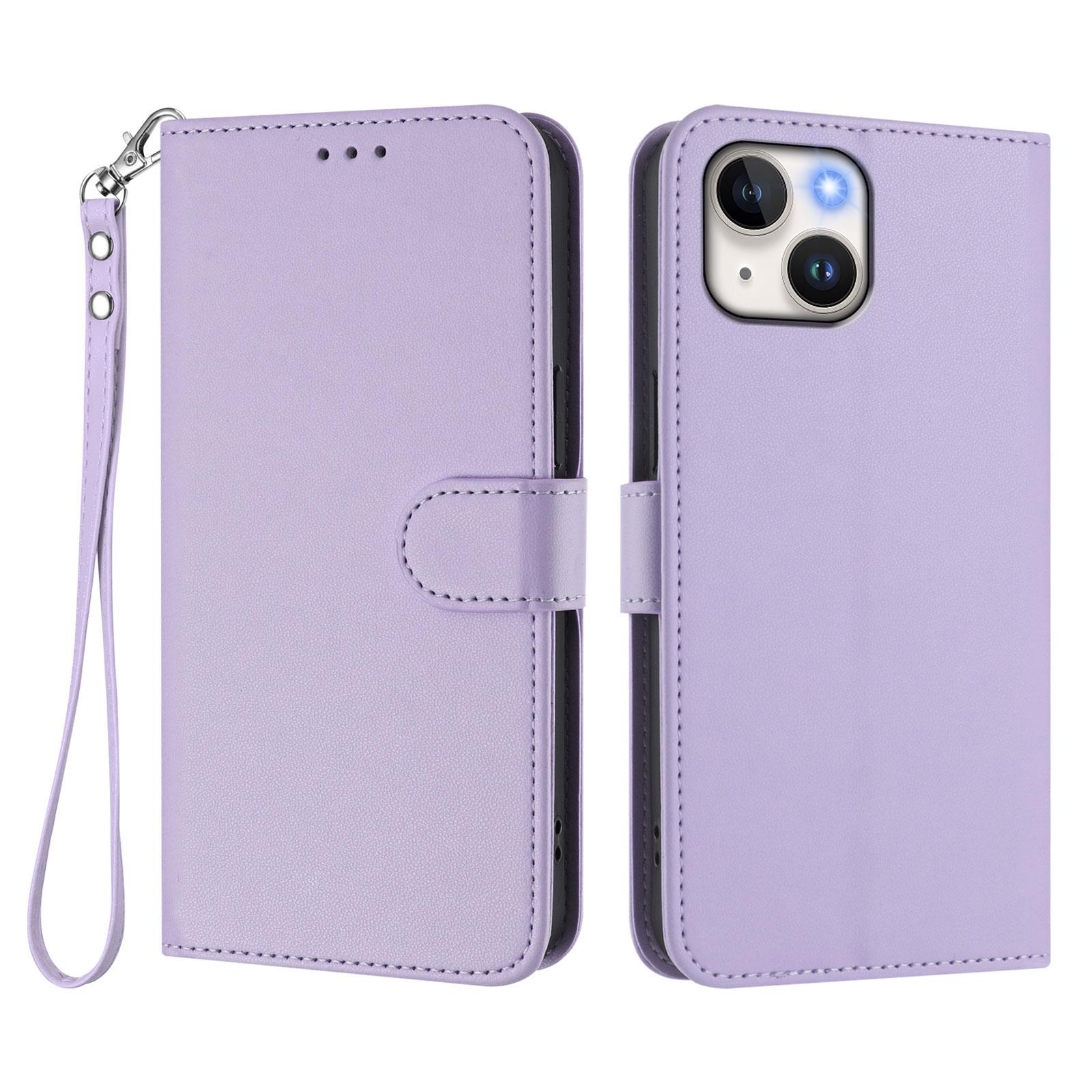 

For iPhone 15 Leather Case Wallet Stand Phone Cover with Wrist Strap Light Purple