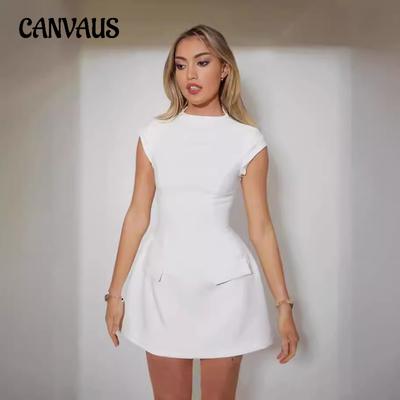 Summer Women's Dress Solid Colour Round Neck Pocket Design Waist Slim Dresses