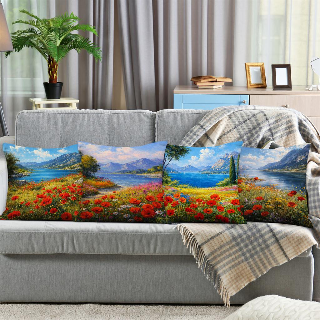 Puyangmei Lake View Theme Digital Printing Pillow Cover Short Plush Suitable Living Rooms Bedrooms Sofas Throw Cushion Cover