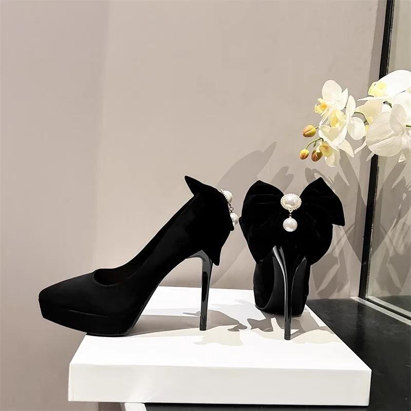 Fashion 2025 New Banquet Bow Pointy Temperament Beautiful High Heels Black with Skirt Fashion Light Mouth Single Shoes