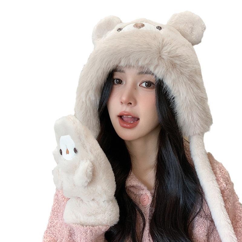 New Winter Cute Cartoon Bear Thickened Gloves Riding Student Ear Protection Plush Hat for Women Warmth Lei Feng Hat
