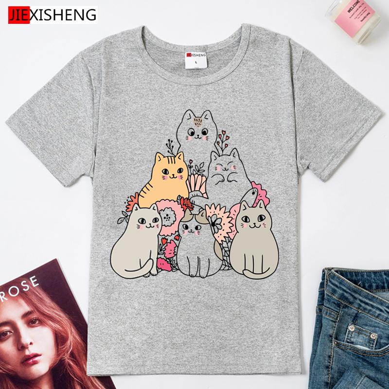 6 Cats Funny Cartoon Graphics Print Women T Shirt Ladies Short Sleeve O-Neck T-Shirt 5 Colors Harajuku Tee Shirt
