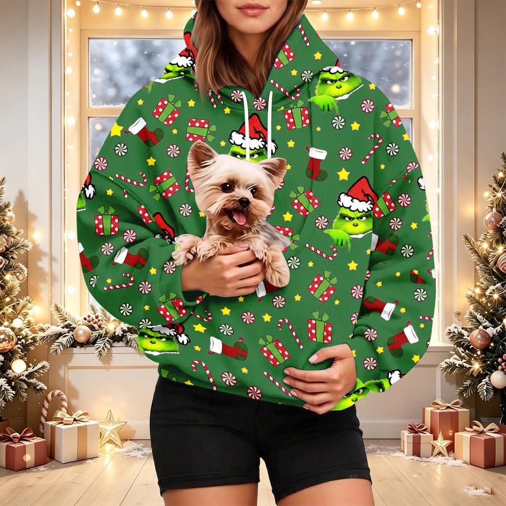 Women's Christmas Print Hoodie with Pet Pocket, Casual Long Sleeve Pullover Sweatshirt