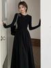Hepburn style hollow knitted long-sleeved dress women's spring and autumn new design sense niche temperament slim and thin long dress