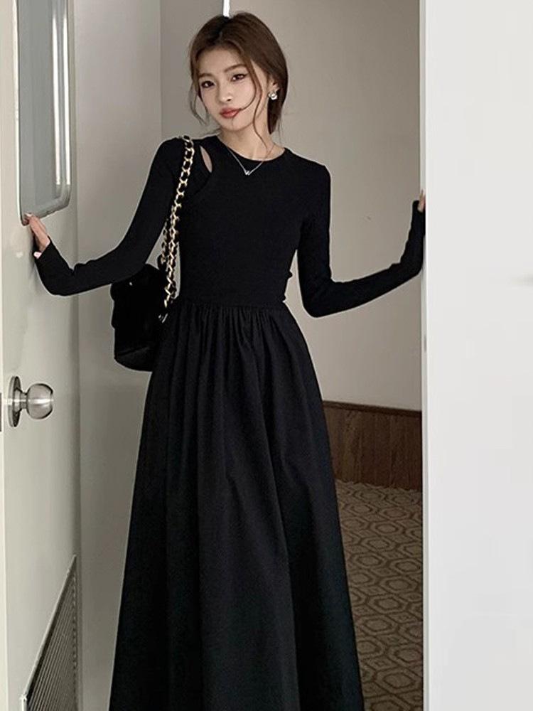 Hepburn style hollow knitted long-sleeved dress women's spring and autumn new design sense niche temperament slim and thin long dress
