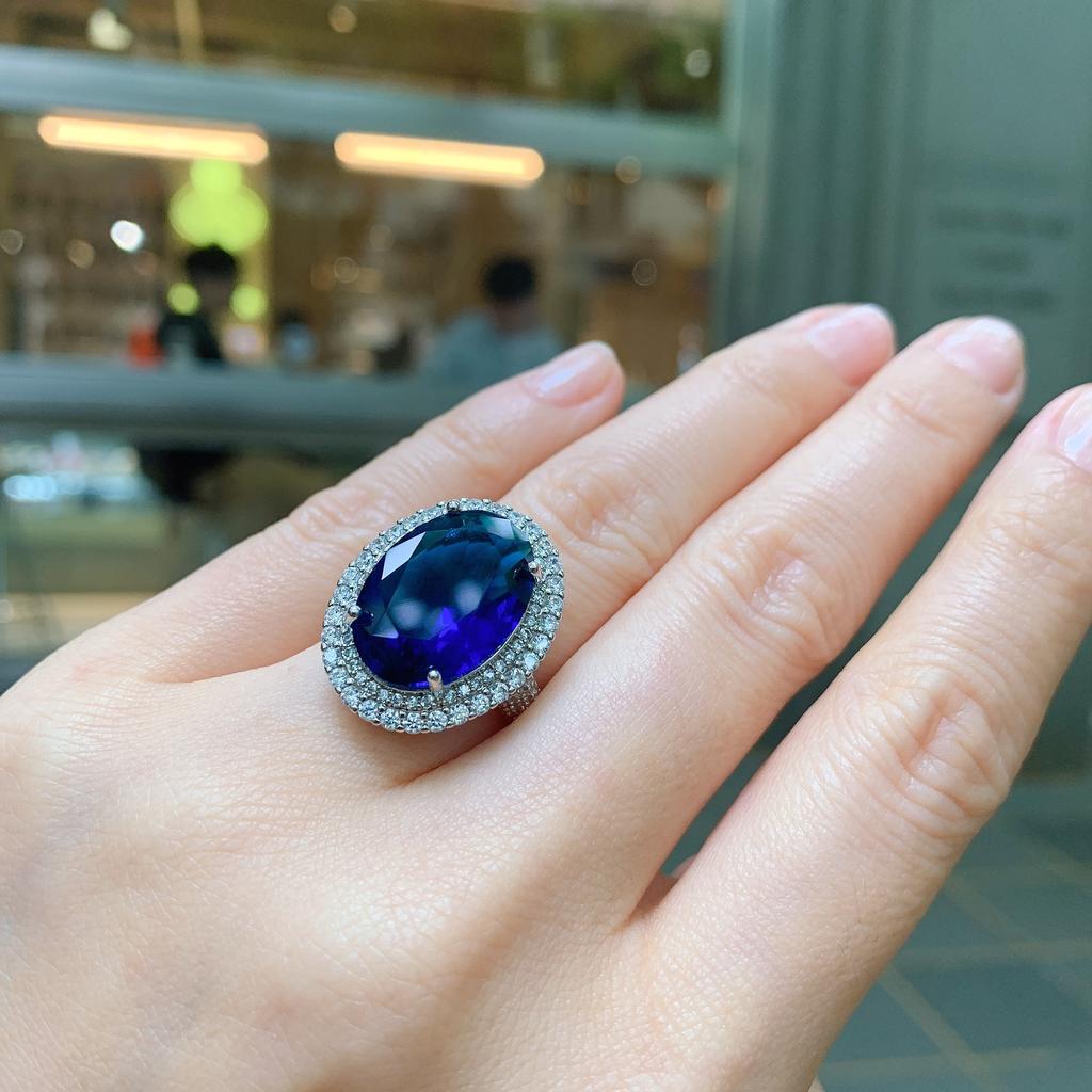 Jewelry Simulation Blue Glass Blue Retro Wind Ring Shining Diamond Set Women'S Ring
