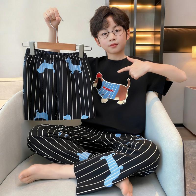 Boys Cotton Pajama Set Short Sleeve Shorts 3-Piece Cartoon Sleepwear Lightweight Home Outfit Kids