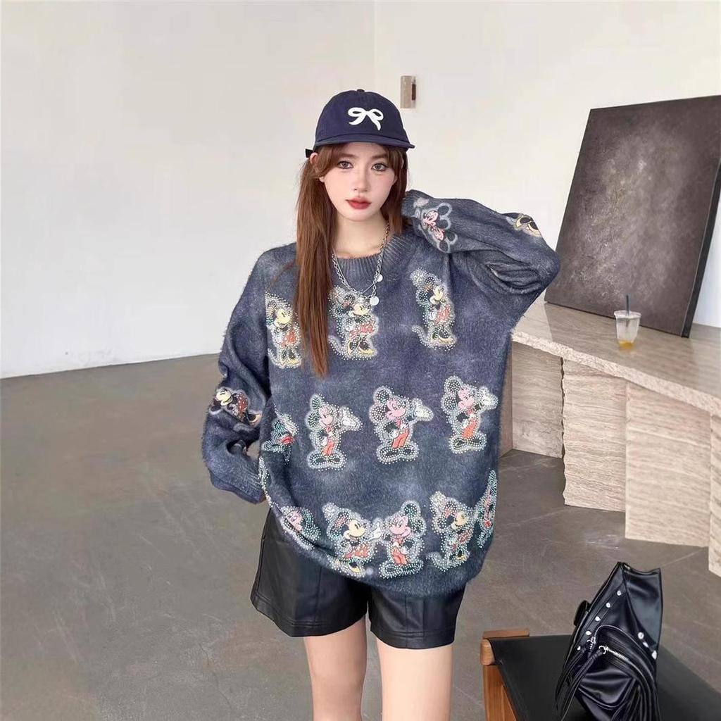 Korean Style Mickey Rhinestone Knit Pullover Sweater for Women
