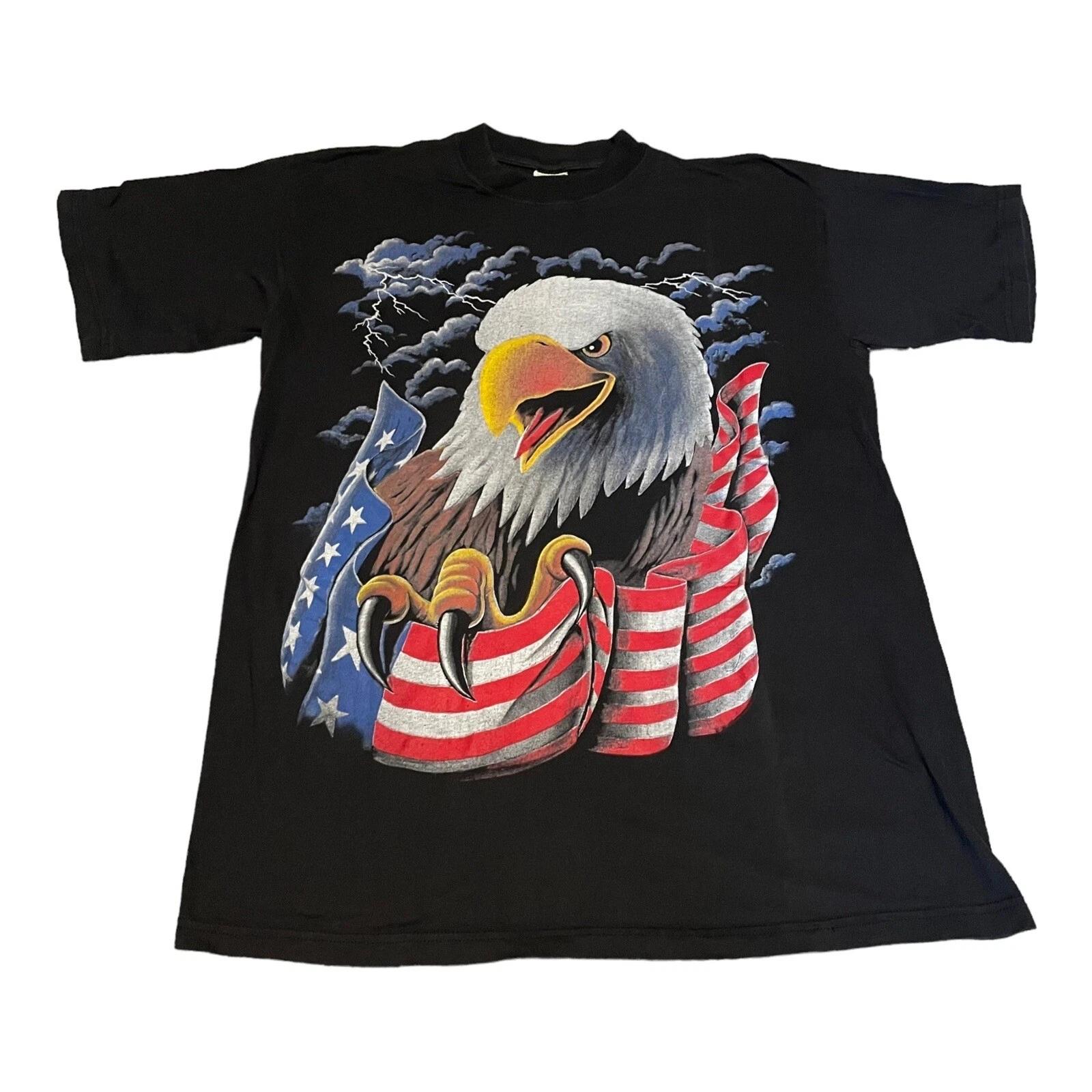 Vtg 1990s American Patriotic USA Flag Eagle Sky Lightning T Shirt XL Black XL