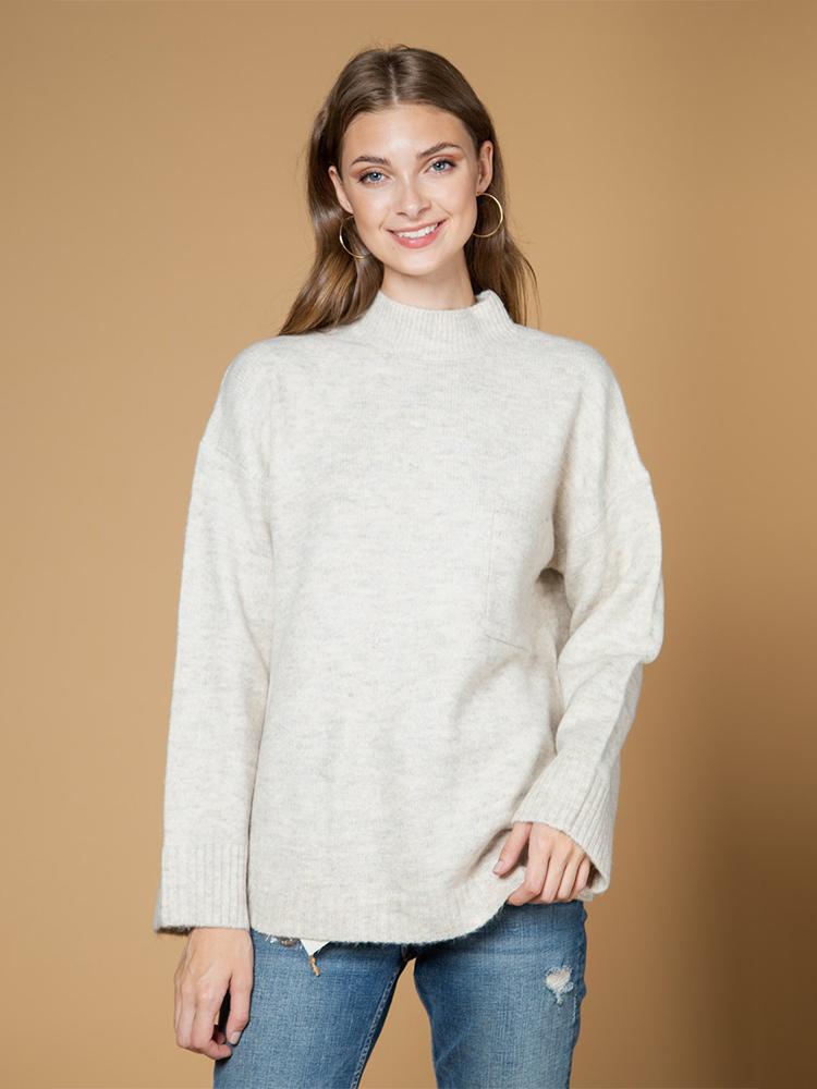 NEWIN Loose Fit Button Mock Neck Long Sleeve Knit Sweater