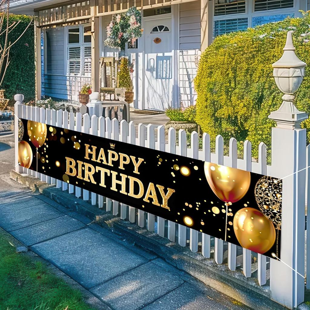 Happy Birthday Banner Black Gold Party Decorations Large Birthday Banner Yard Sign Backdrop Supplies Decoration for Indoor and Outdoor 78 x 17Inches