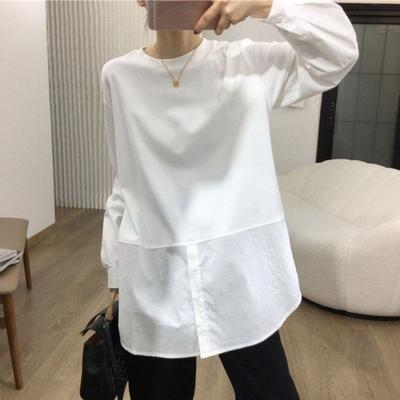 Tricou alb cu mânecă de cămașă în mozaic T-shirt de bază pentru femei, toamnă, iarnă, cu lungime medie, cu design elegant Bluze și cămăși cu mâneci lungi