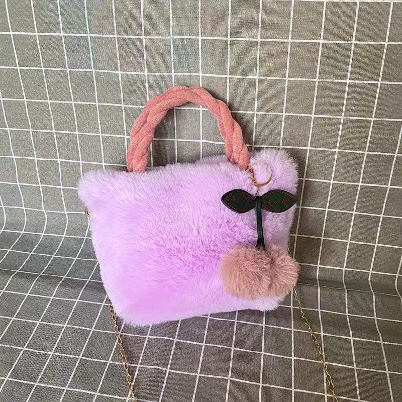 Luxury Faux Fur Bag Women's Plush Woven Handle Handbag Thin Chain Shoulder Bag With Cherry Pendant Magnetic Buckle Crossbody Bag