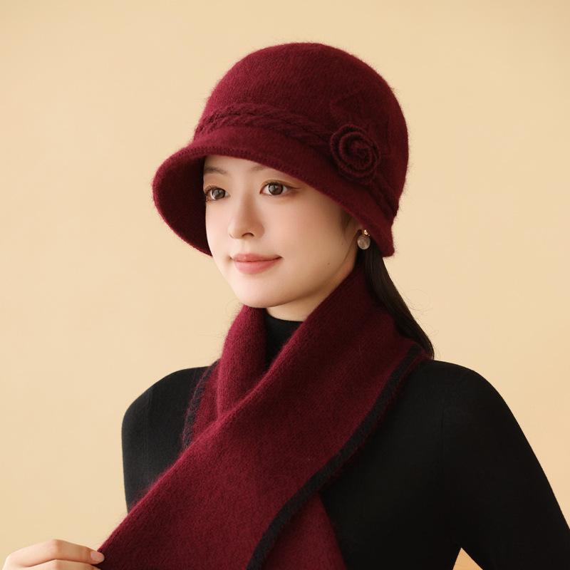 Autumn And Winter Hats Women'S Solid Color Flower High-End Mother Hat Plush Rabbit Fur Warm Knitted Wool Hat
