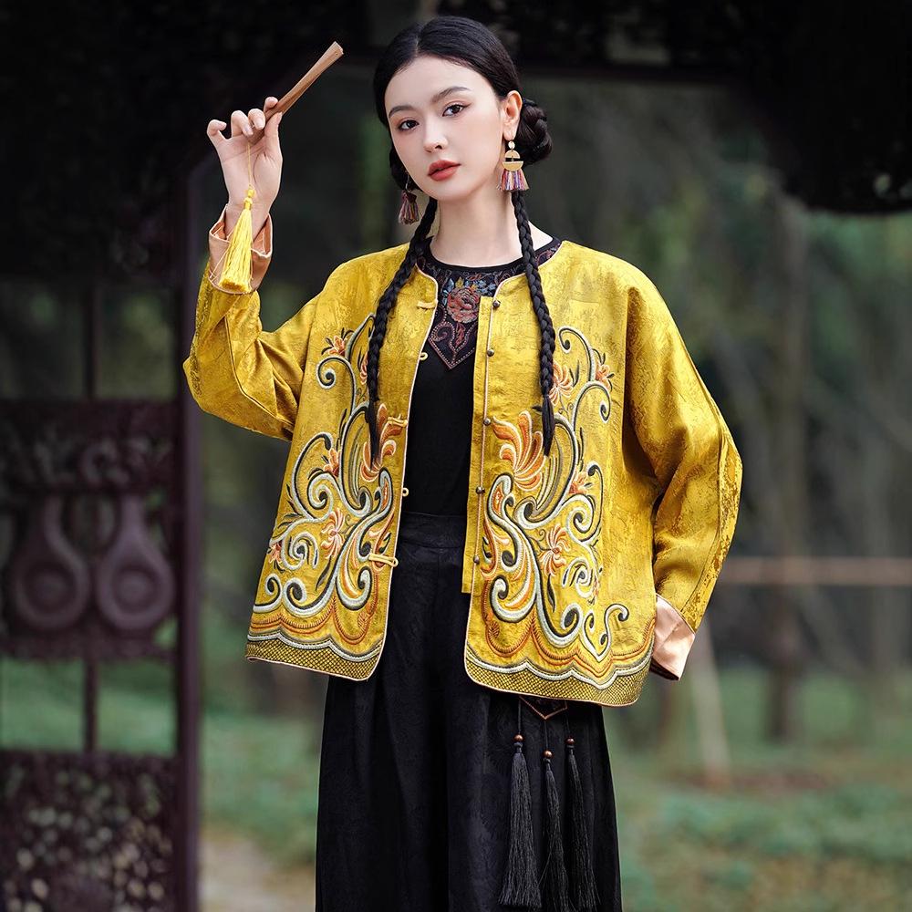 

Этнический стиль Вышитый женский жакет-кардиган топ Large жёлтый