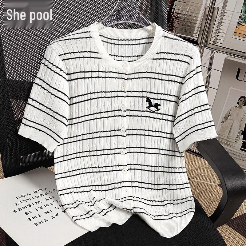 Women s Short Sleeve Striped Knit Cardigan S