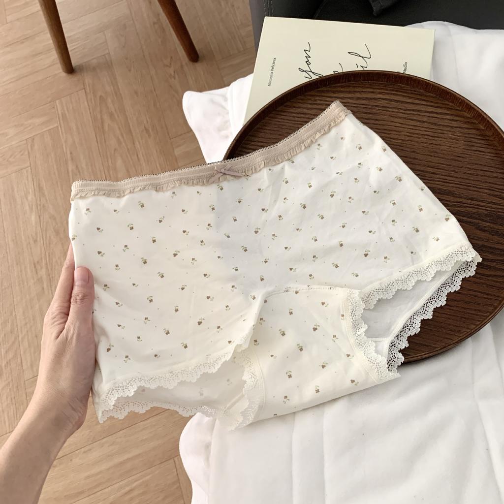 Female Spring and Autumn Pure Cotton Floral 10A Anti Bacterial Extended Crotch Hip Mid Waist Flat Angle Briefs