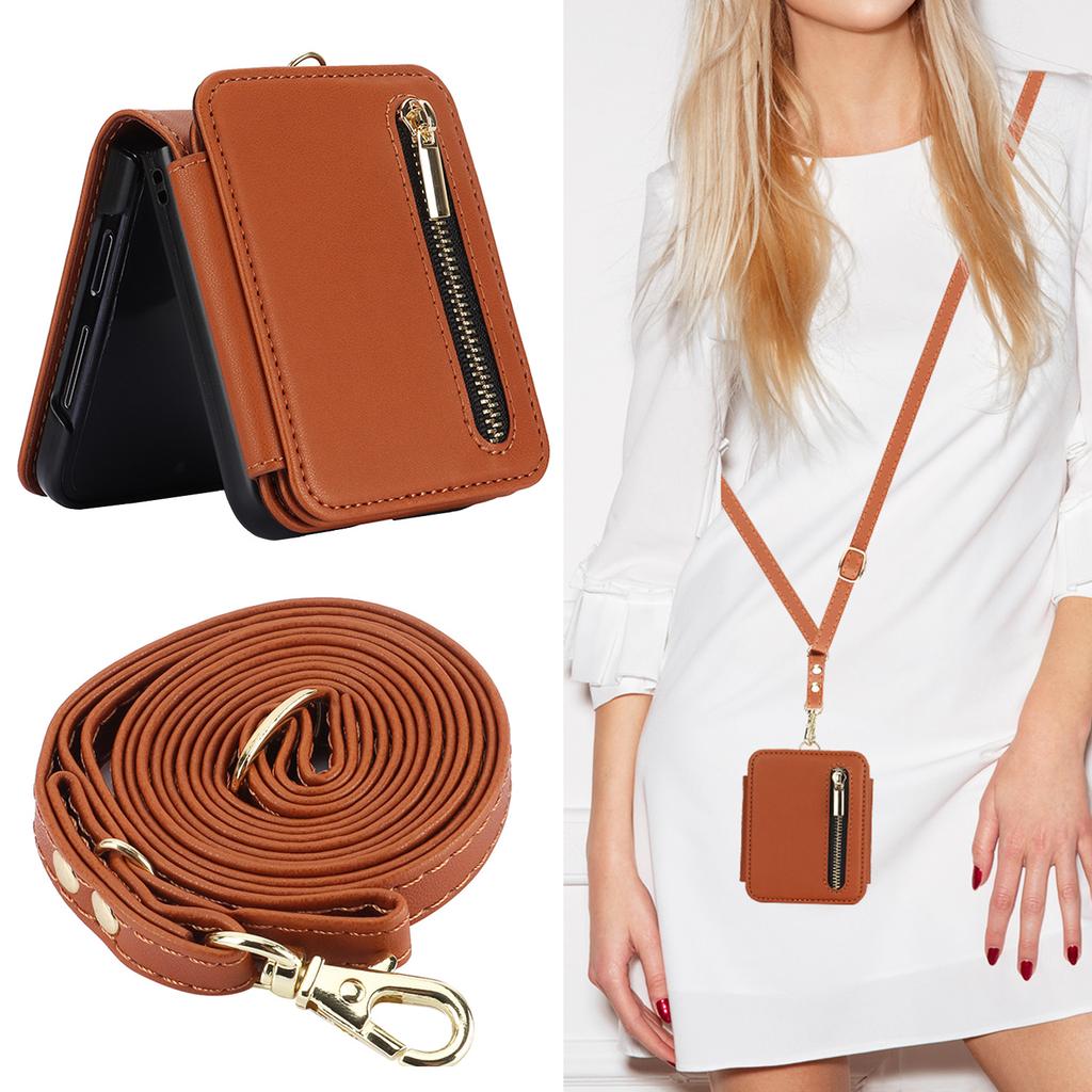 Applicable to Samsung Z Flip6 mobile phone case Z Flip5 solid color zipper change bag card holder diagonal strap