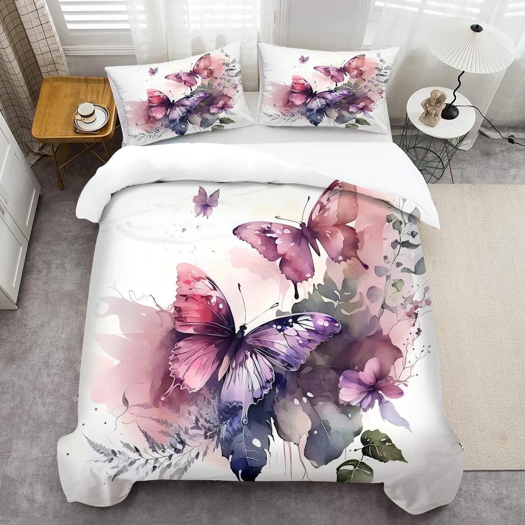 Watercolor Butterfly 3D Printed Quilt Cover set Rustic Natural Style Luxury Duvet Cover Soft Comfortable Bedding Set Pillowcases
