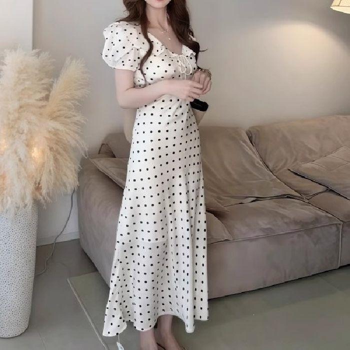 Real shot~ Lotus leaf edge bubble sleeve polka dot dress children's summer new French temperament waist dress