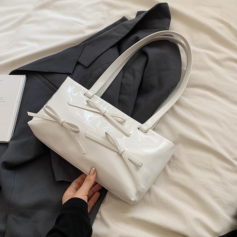 Women Simple Underarm Bag PU Leather Bowknot Handbag for Outdoor Travel (White)
