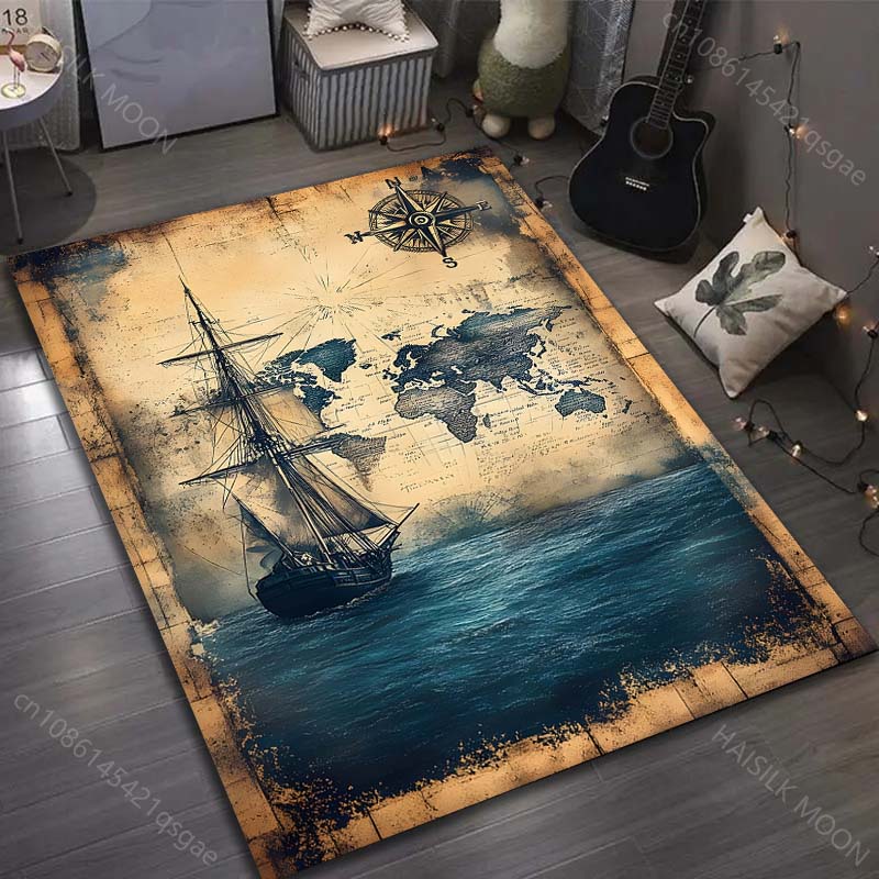 Vintage Nautical Chart Print Carpet for Bedroom Living Room Bedside Sofa Floor Mat Modern Home Decor Area Rug Large Size