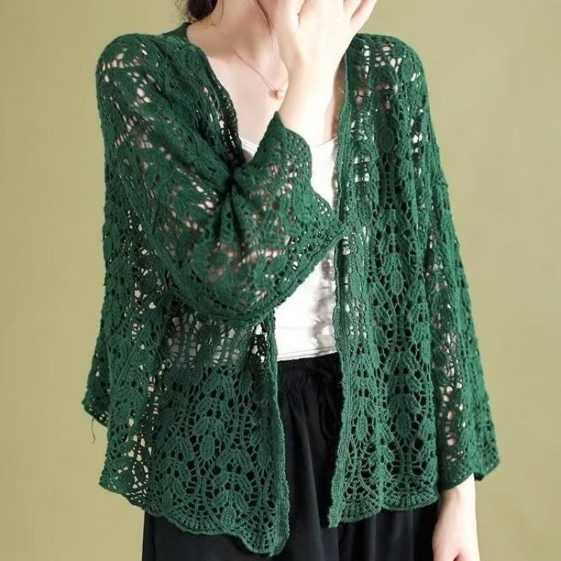 

Spring Summer Women s Thin Hollow Knit Cardigan Korean Fashion Top Short Loose Air-conditioned Sunscreen Shirt Grace One Size зелений