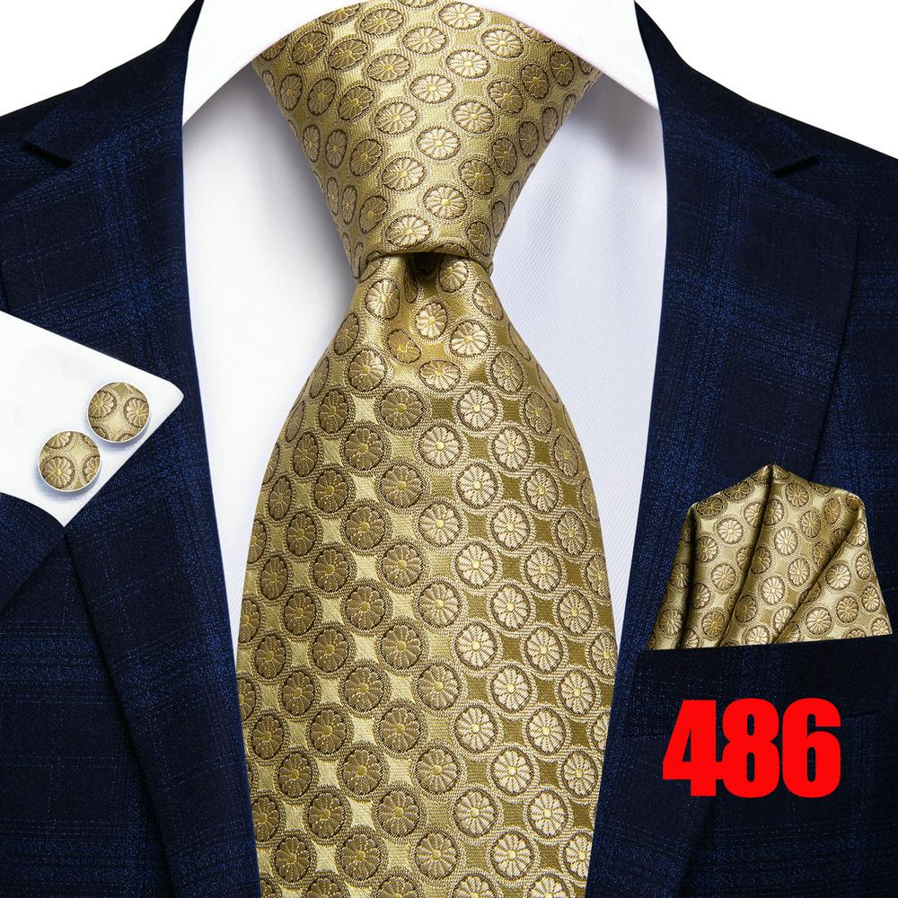Hi-Tie Mens Golden Silk Tie Business Wedding Necktie Hanky Cufflinks