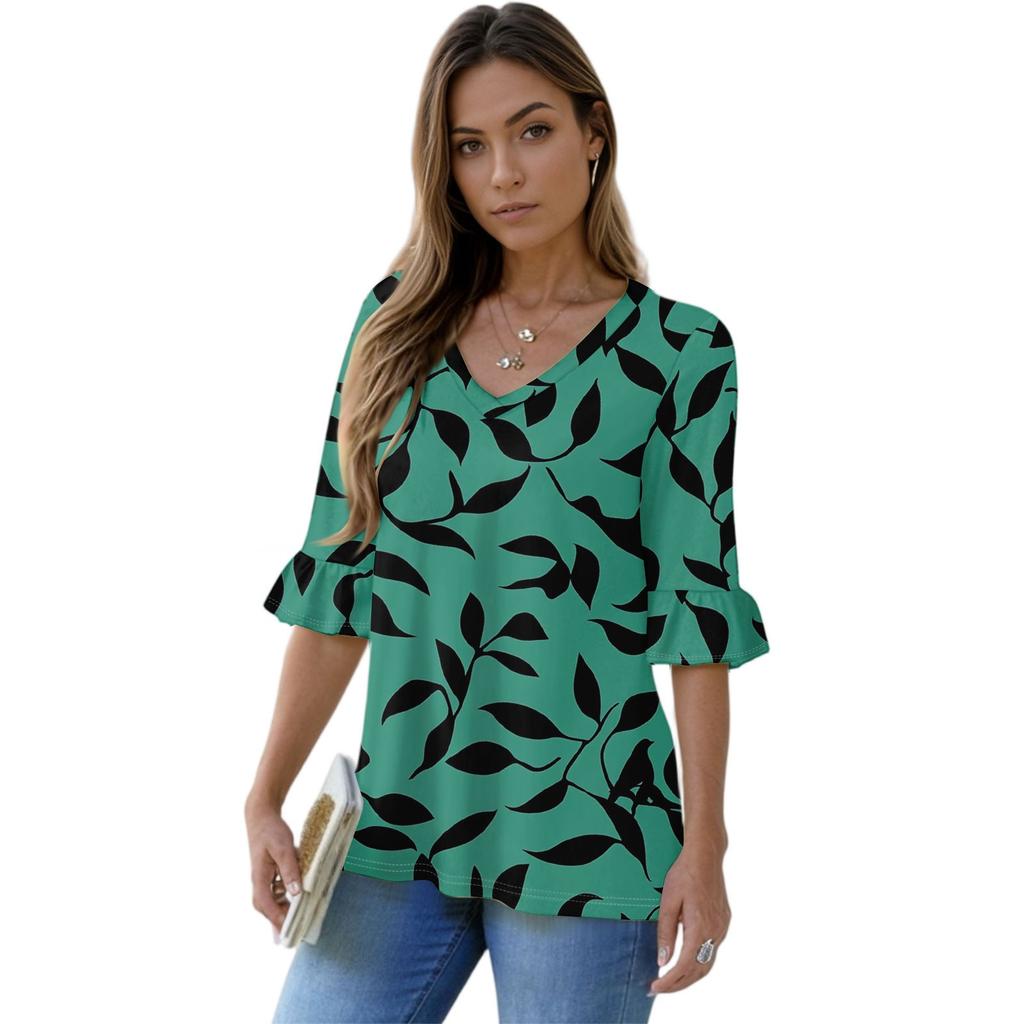 Women's Casual 3/4 Sleeve Tops V-Neck Sleeve T-Shirt Floral Print Tops