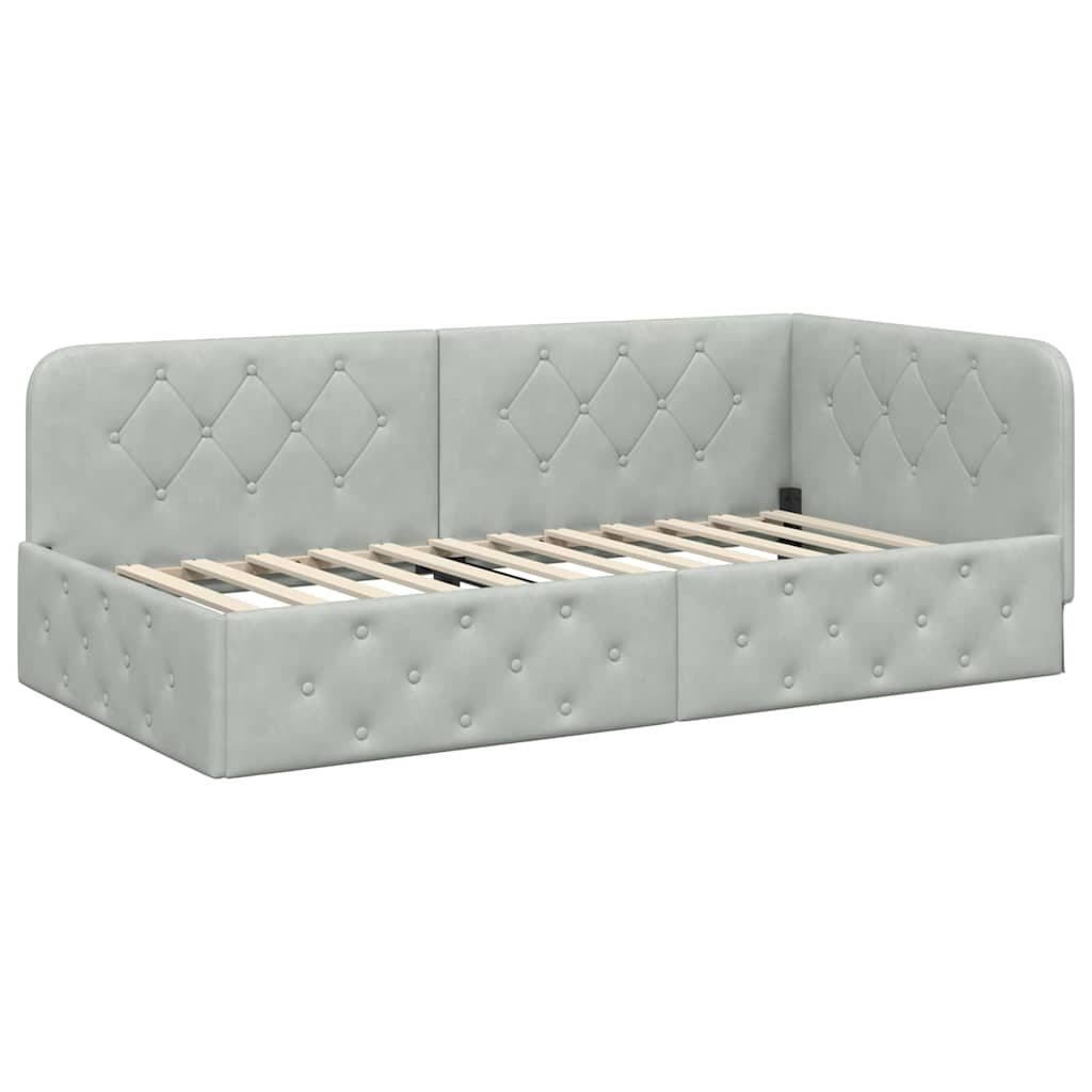 Corner Bed Frame Light Grey 90 X 190 Cm Velvet