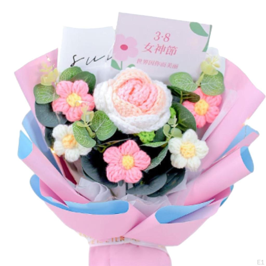 Completed Crochet Flowers Bouquet Artificial Knitted Flower Rose for Home Wedding Decoration