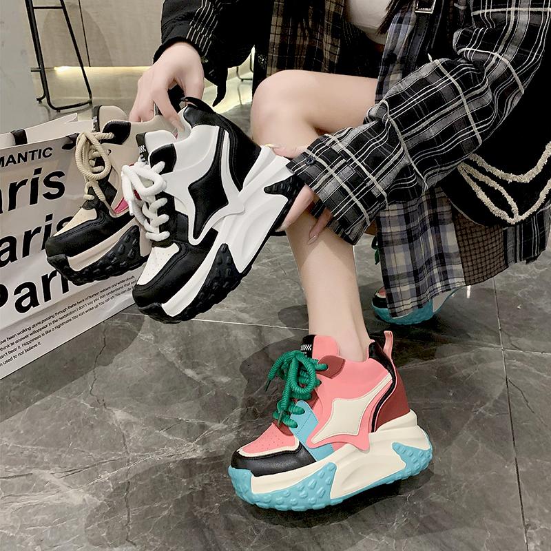 fashion Women Chunky Sneakers 9.5CM Heels Winter Thick Sole Casual Vulcanized Shoes High Platform Leather Sneakers Woman Free Ship