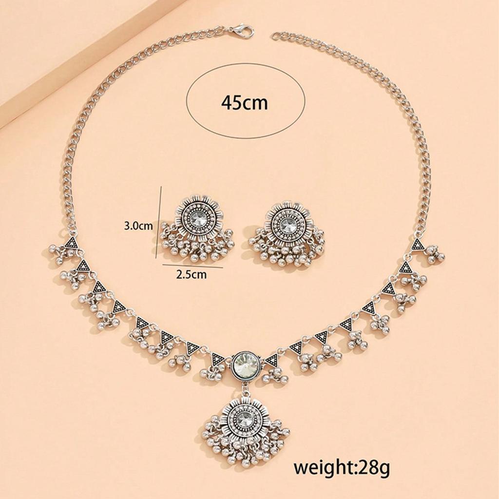 Moda Stile Etnico Indiano Set da 2 Pezzi in Zircone di Cristallo per Donne Collana Choker con Perline Metalliche e Nappa Orecchini Set in Zircone