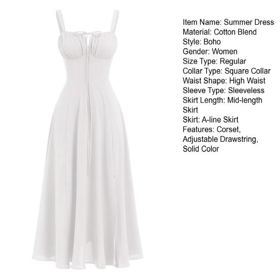 Bohemian Style Summer Dress Adjustable Drawstring Corset Versatile Square Cut Midi