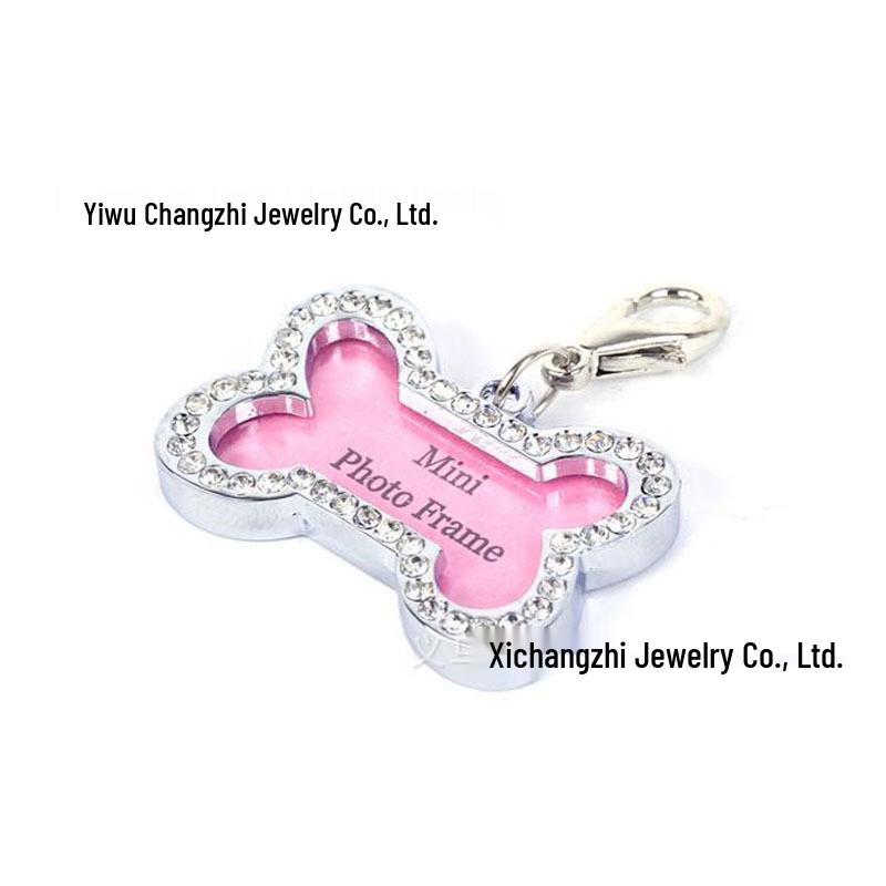 Rhinestone Pet Collar Pendant: Heart & Bone Shape Photo Frame, Anti-lost Info Tag, DIY for Cats & Dogs