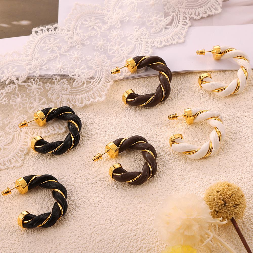 Retro Cable Knit Leather Earrings: French Chic C-Shaped Gold-Plated Copper Hoops