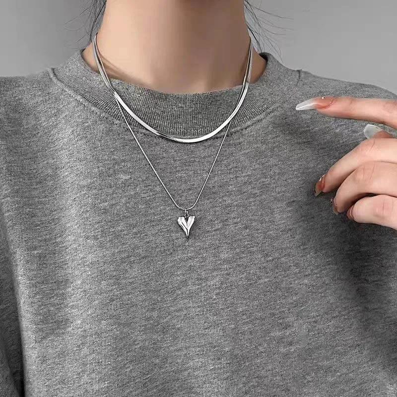 Double Layered Love Heart Pendant Necklace for Women Simple Necklace Chain Jewelry Wholesale