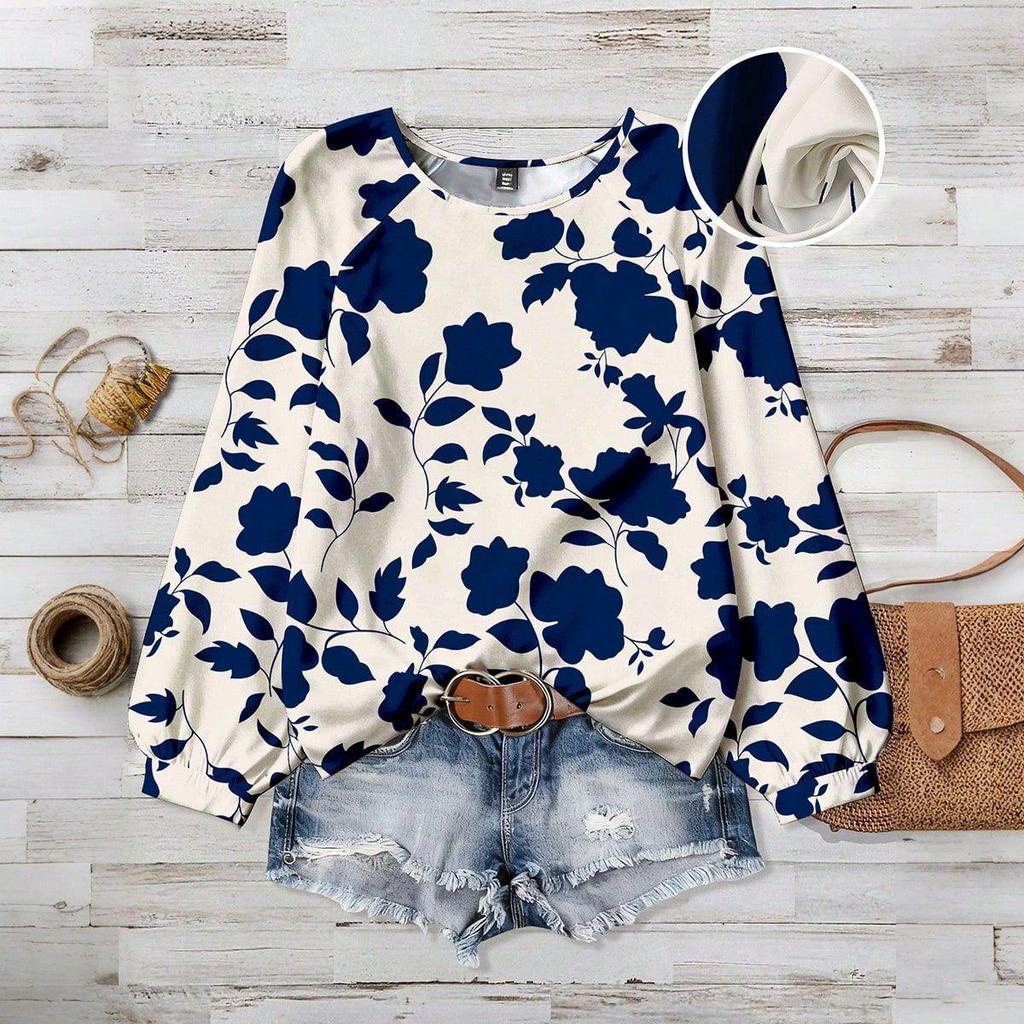 European & American Plus Size Floral Elegant Casual Loose Round Neck Women's Top