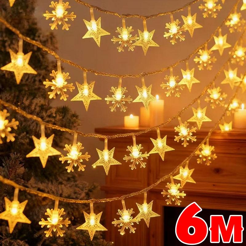 Christmas String Lights LED Acrylic Clear Star Snowflake Xmas Tree Long Lamp Strings Light Hanging Ornaments Home Party Decor