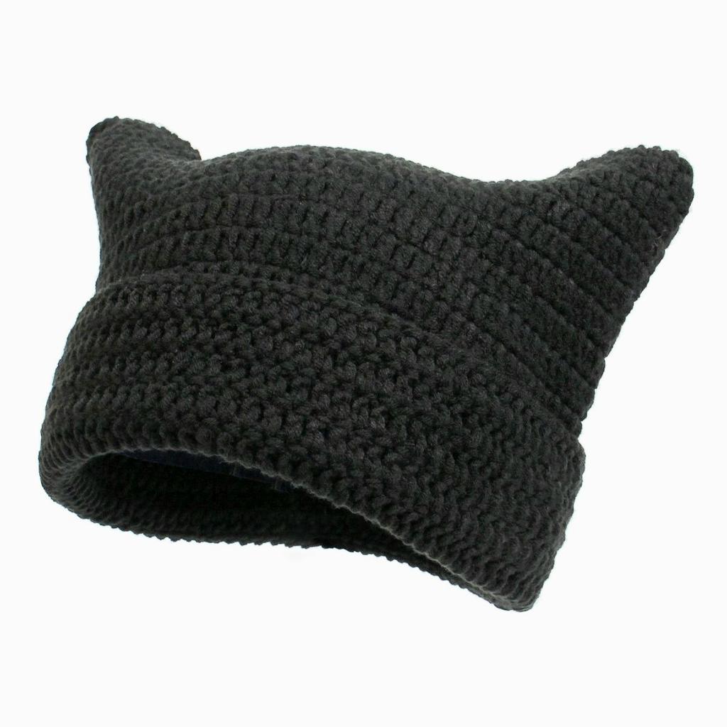 1pc Cute Cat Ears Beanie Hat For Women Winter Striped Korean Punk Gothic Y2K Wool Knitted Streetwear Handmade Crochet Bucket Cap