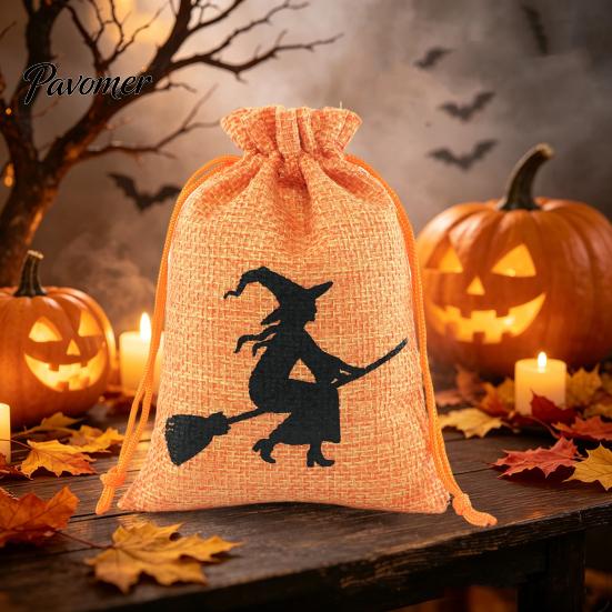 Small Fabric Storage Pouches Halloween Burlap Treat Bags, Pumpkin Ghost Bat Spider Witch Print Drawstring Rustic Bags Favors Candy for Cookies Snacks