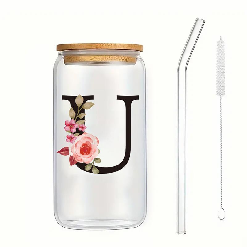 Alphabet Blumen Trinkglas Buchstabe A-Z Eiskaffee Wasser Saft Flasche Tragbarer Klarer Becher mit Deckel Strohhalm Bürste Geburtstagsgeschenke