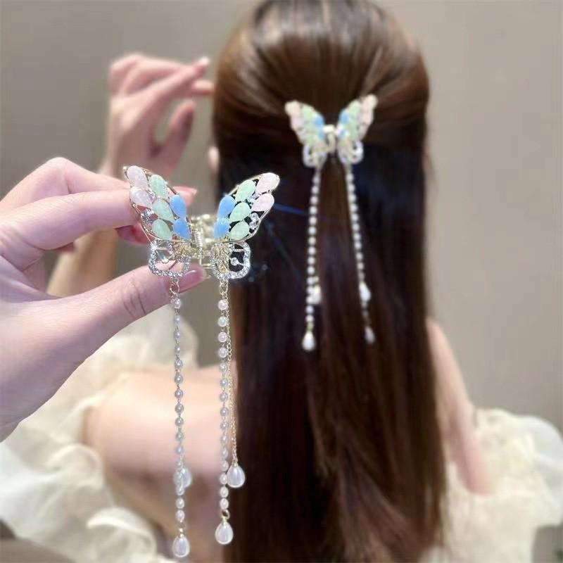 Chinese Butterfly Pearl Tassel Hair Clip with Rhinestones