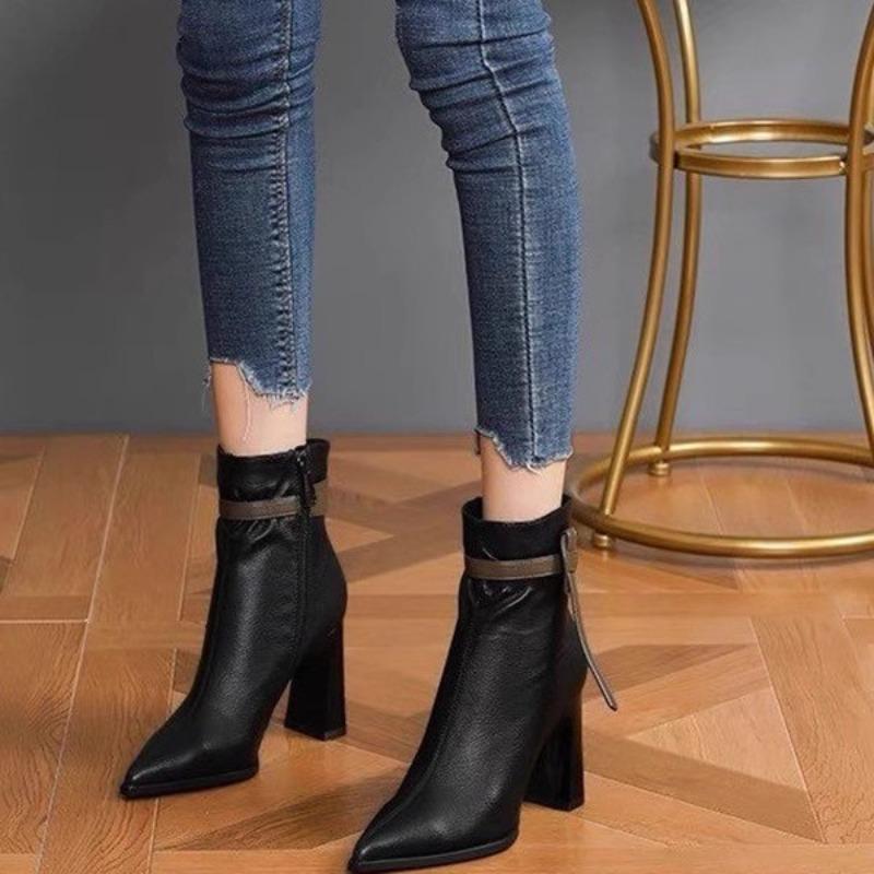 High-heeled Short Boots Women's Autumn and Winter New Pointed Thick-heeled Fashion Boots Belt Buckle Color Matching Temperament Versatile Martin Boots