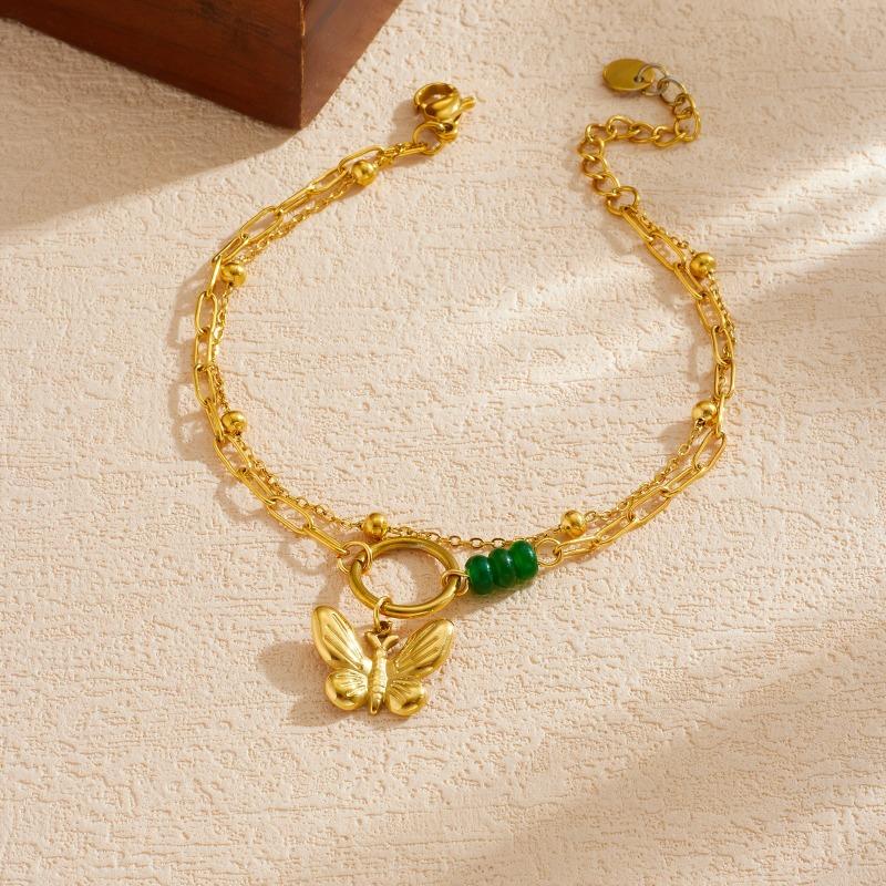 Gold Plated Stainless Steel Double Layer Butterfly Charm Bracelet with Green Beads for Women