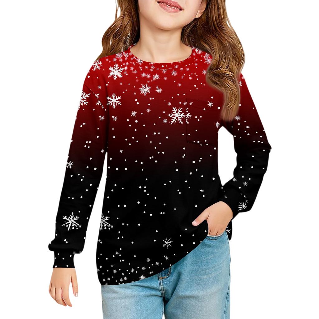 Christmas Day Girls' Long Sleeve Blouse - Round Neck Soft Waist Tunic
