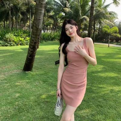 Square Neck Backless Pleated Dress Women's Summer Age Reduction Slim Fit Waist Skirt